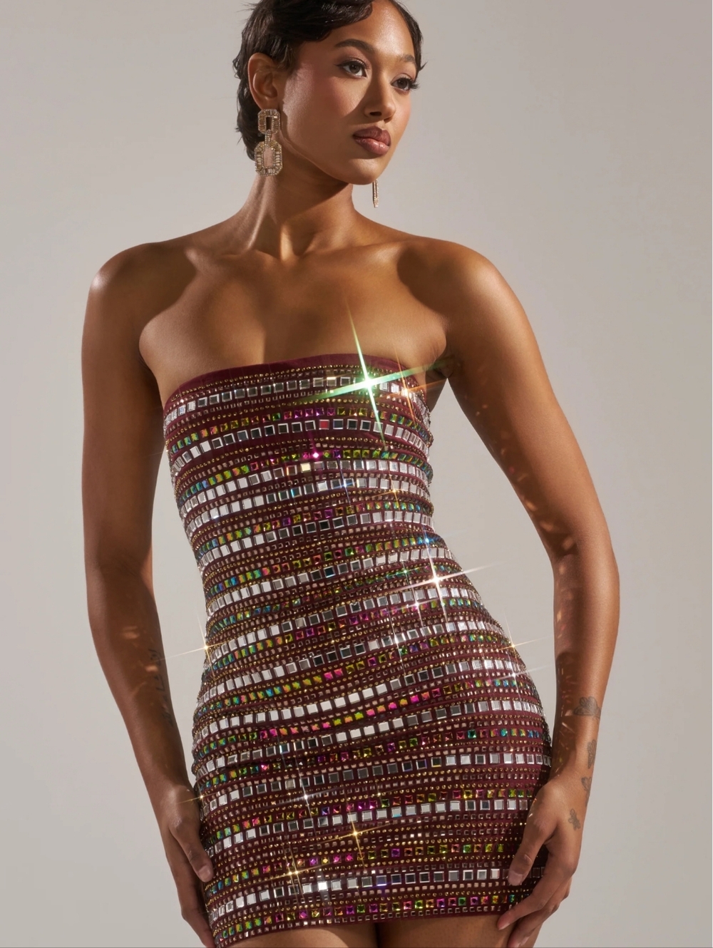 AKIRA Burgundy Crystal Mini Dress with Multicolor Jewels - Picture 2 of 7